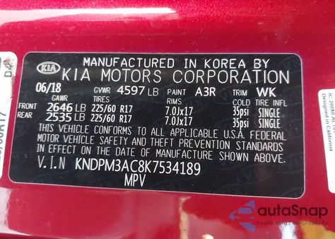 2019 Kia Sportage Lx из США, поврежденный, VIN KNDPM3AC8K7534189